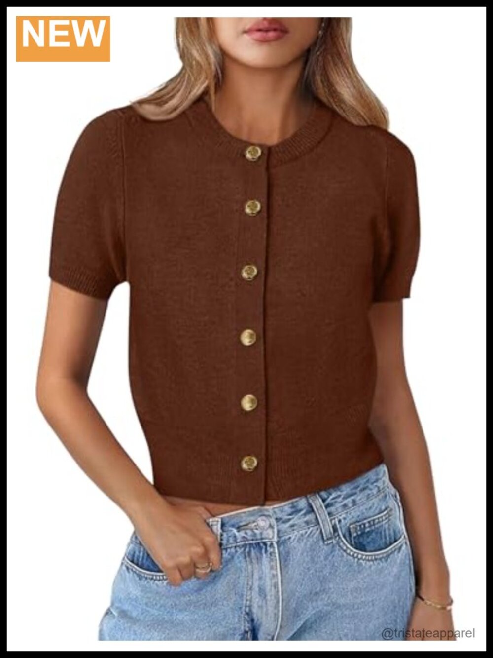 Womens Summer Short Sleeve Button Down Knit Cardigan Crew Neck Crop Sweater Top